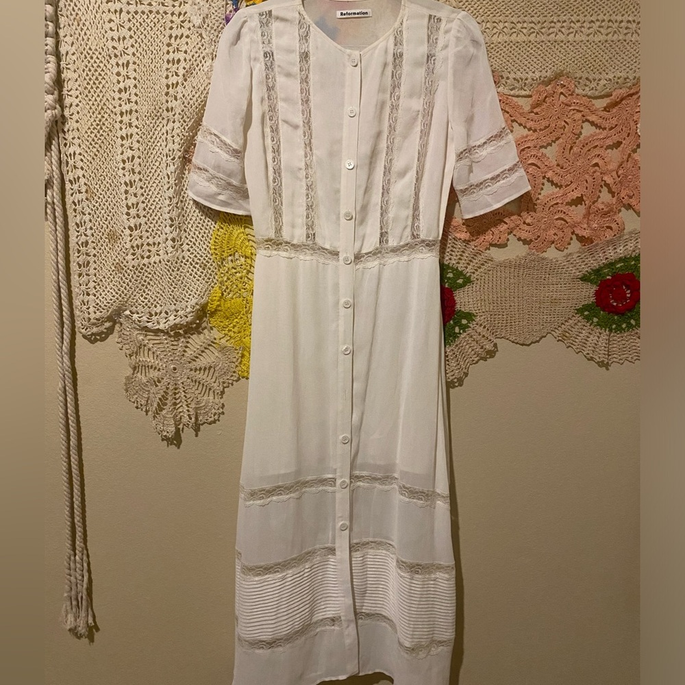 reformation button up dress with lace detailing